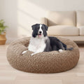A black and white dog lying on a round, fluffy brown pet bed against a plain white background.