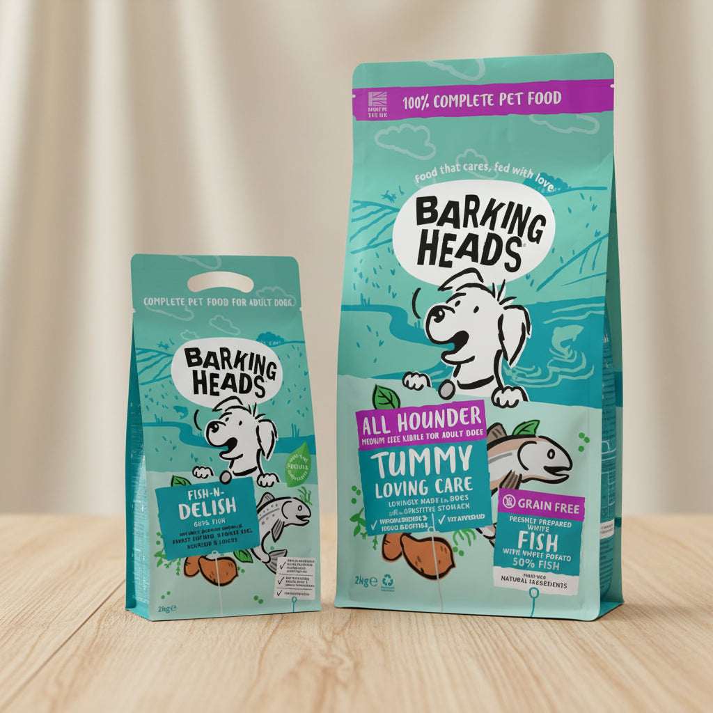 Barking Heads pet food packages on a light blue background with promotional text.