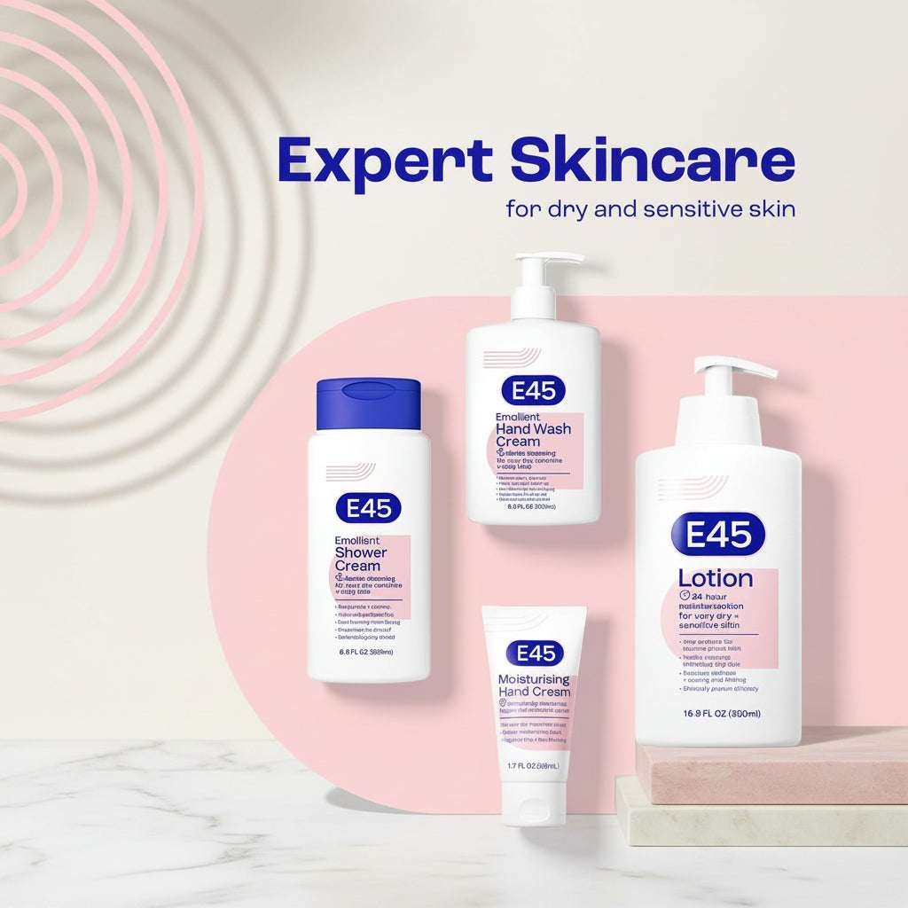 E45 skincare products on a pink background with 'Expert Skincare' text.