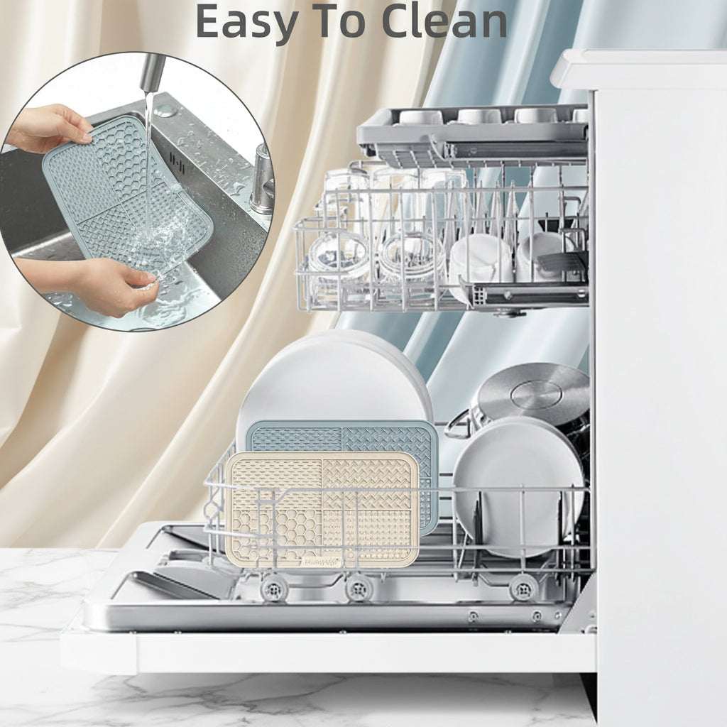 Dishwasher with silicone mats and a hand washing a mat, labeled 'Easy To Clean'.