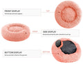 A product diagram showing a plush round pet bed from multiple angles on a white background, with labels for front display, side display, and bottom display plus top and bottom callouts.