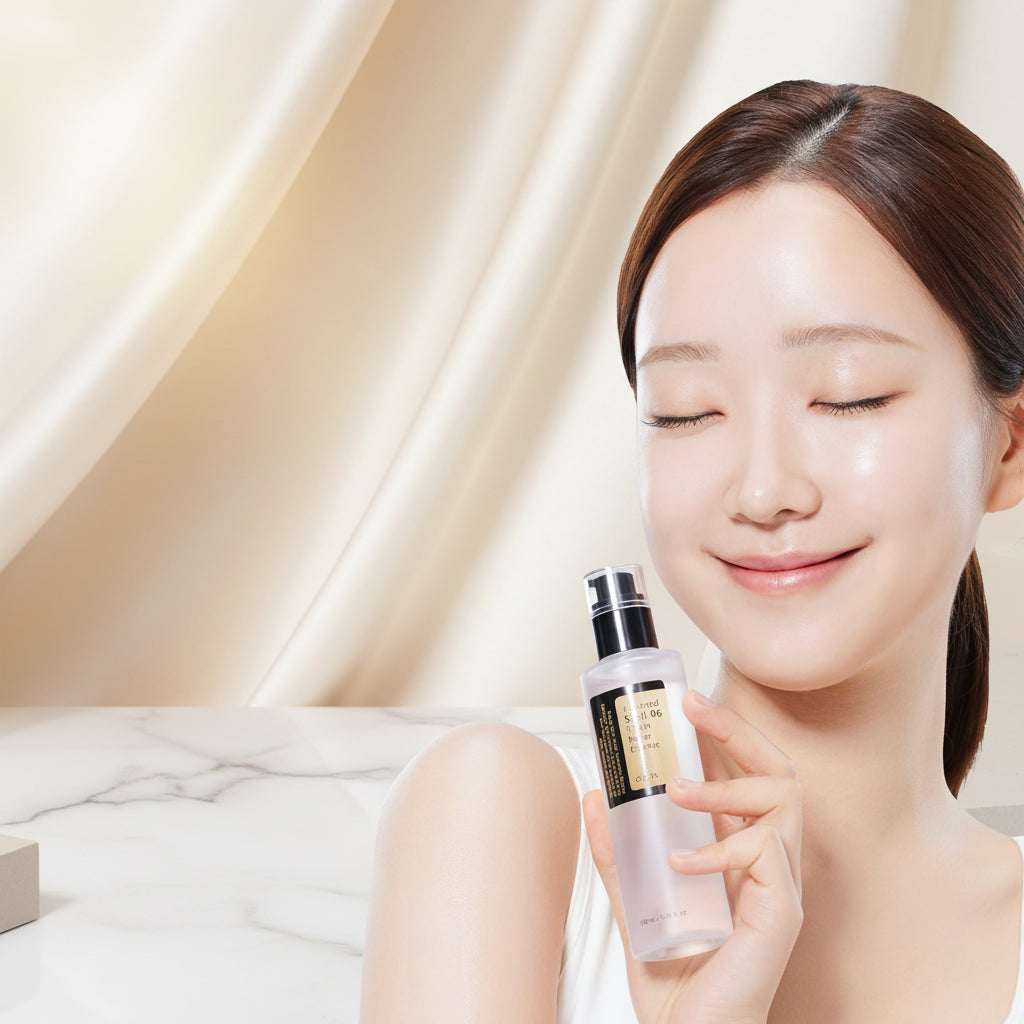 Woman holding a skincare bottle with text 'Glow & Revitalize, Snail Mucin + Retinol' and COSRX logo.