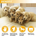 Four puppies on a couch with grooming benefits displayed below.