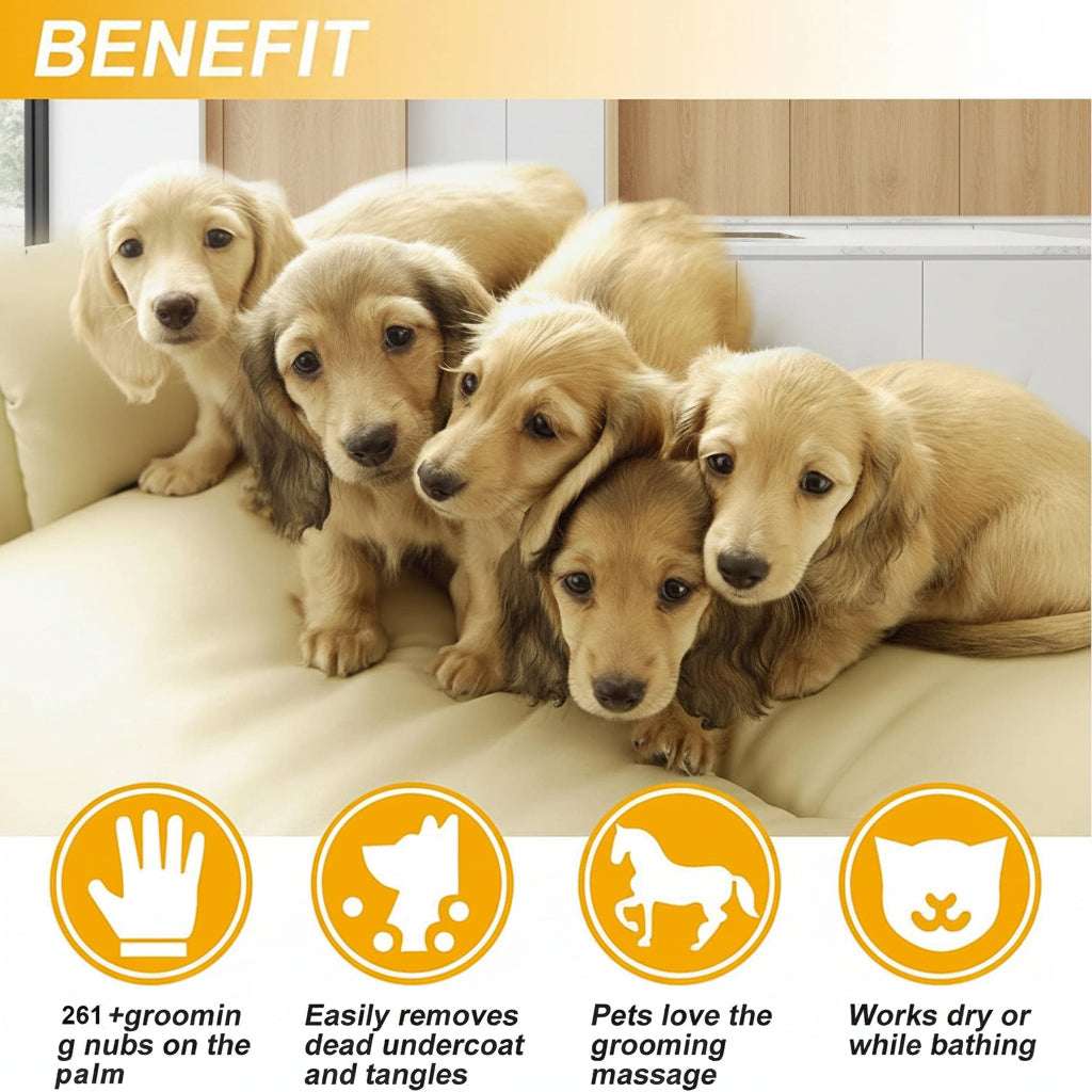 Four puppies on a couch with grooming benefits displayed below.