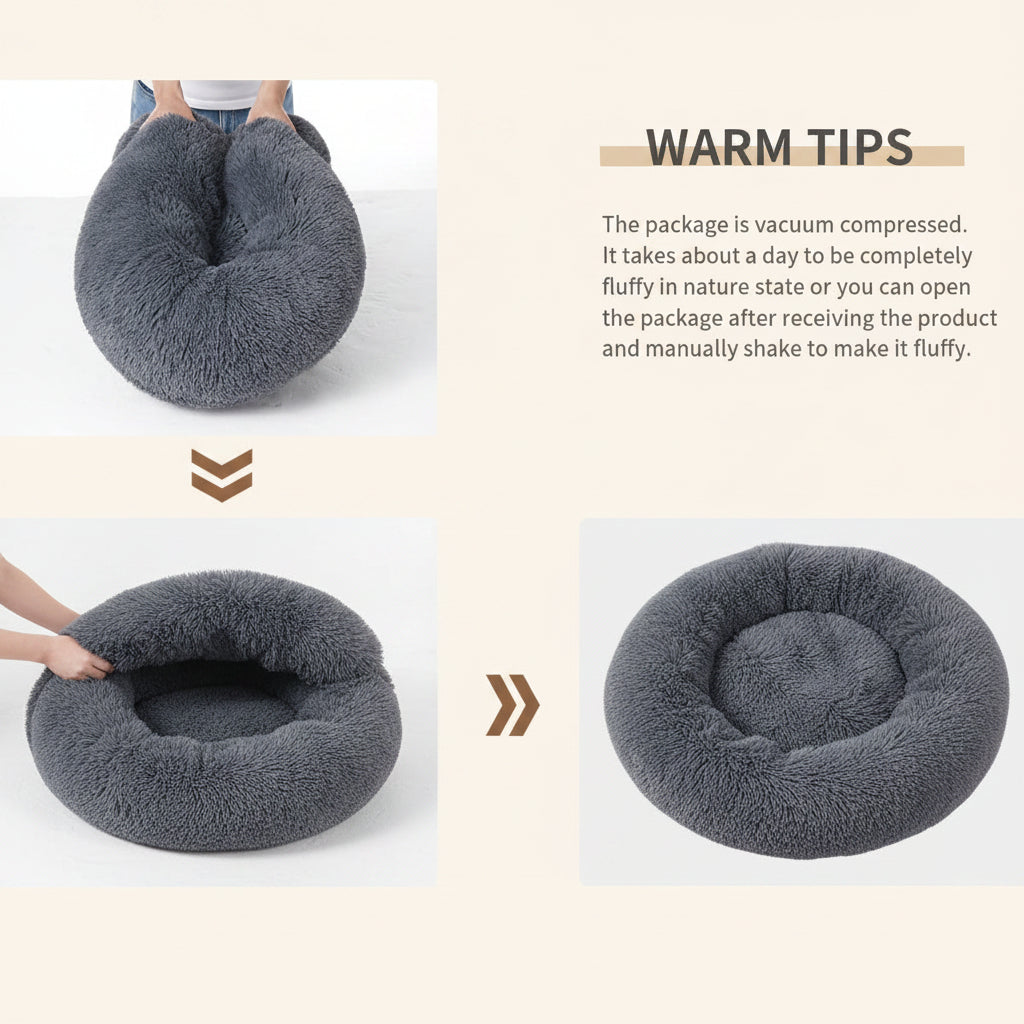 Instructions for expanding a compressed gray pet bed with text on warm tips.