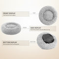 A product diagram showing a round fluffy pet bed from multiple angles with labels: front display, side display, and bottom display, on a white background.