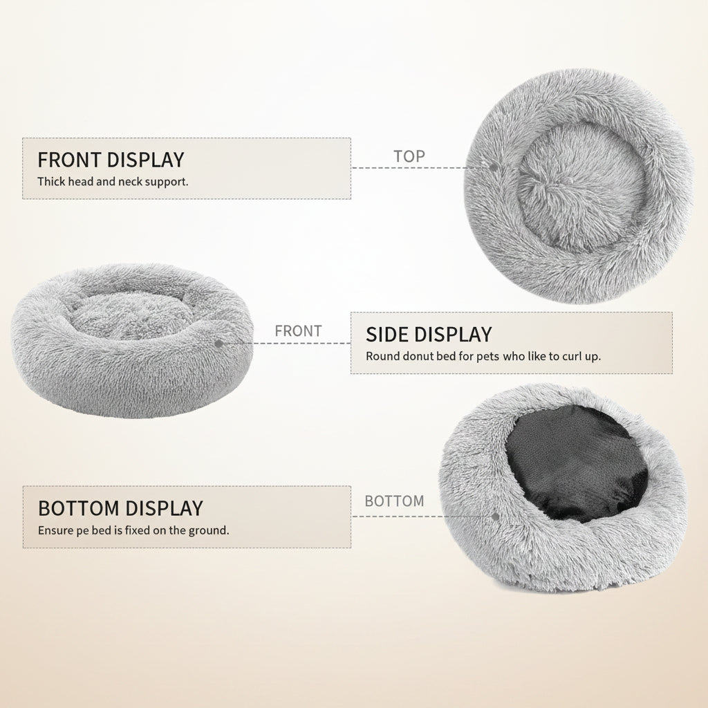 A product diagram showing a round fluffy pet bed from multiple angles with labels: front display, side display, and bottom display, on a white background.