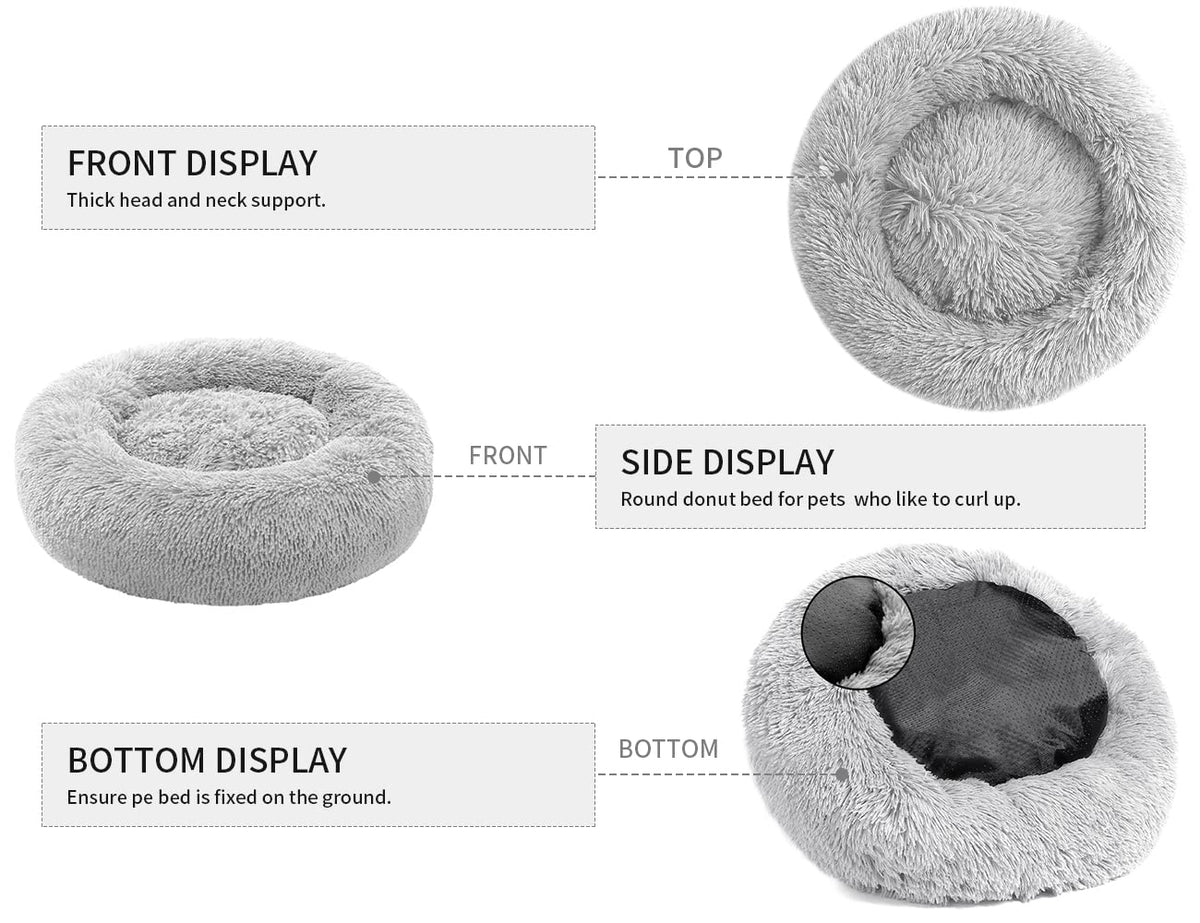 A product diagram showing a round fluffy pet bed from multiple angles with labels: front display, side display, and bottom display. The bed is light gray with a dark gray or black interior visible in the bottom view.