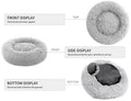 A product diagram showing a round fluffy pet bed from multiple angles with labels: front display, side display, and bottom display. The bed is light gray with a dark gray or black interior visible in the bottom view.