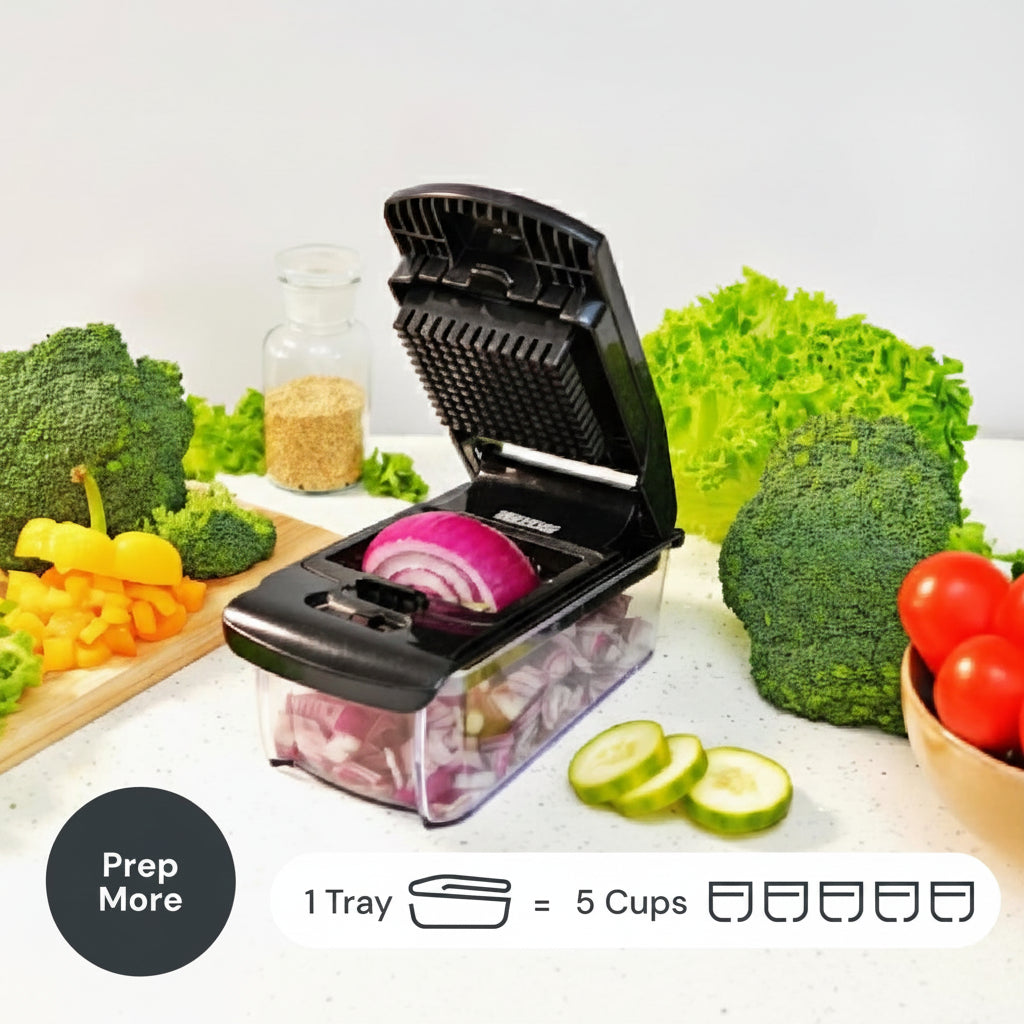 Vegetable chopper with a 1.2L family size tray on a kitchen counter with vegetables around.