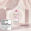 Garnier Micellar Cleansing Water All-in-1 bottle centered inside a large pink glass-like bubble on a white background, with a text callout on the left reading 'Enriched with Micellar Technology' and additional descriptive copy.