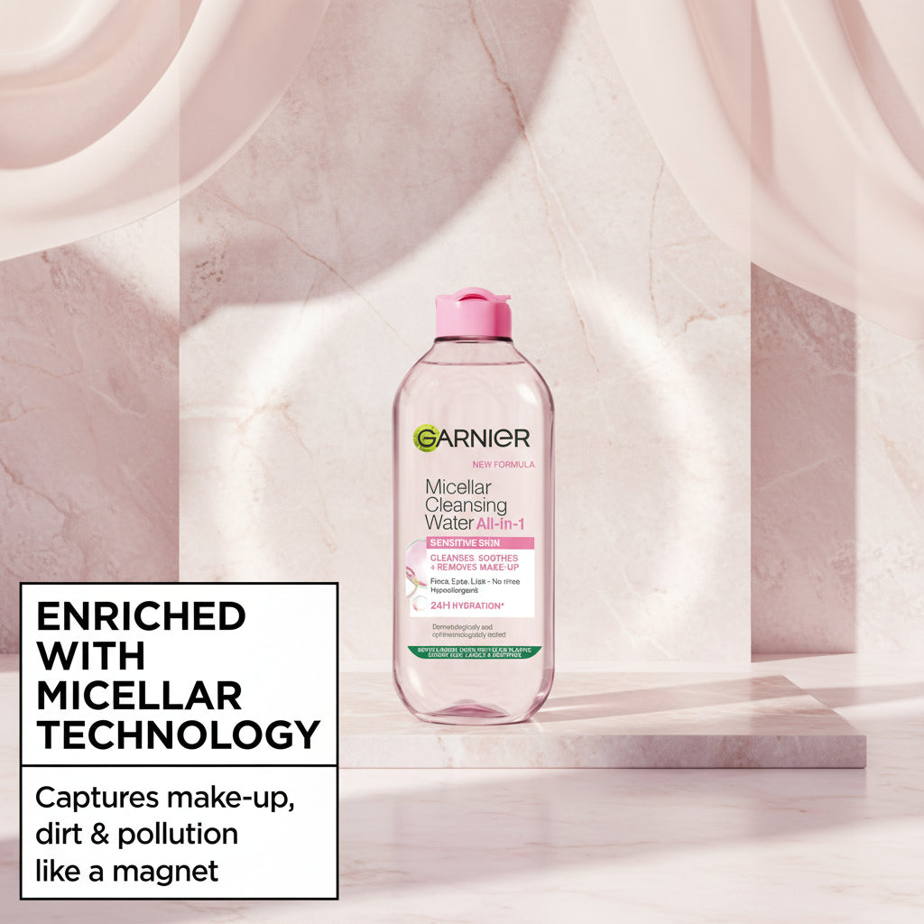 Garnier Micellar Cleansing Water All-in-1 bottle centered inside a large pink glass-like bubble on a white background, with a text callout on the left reading 'Enriched with Micellar Technology' and additional descriptive copy.