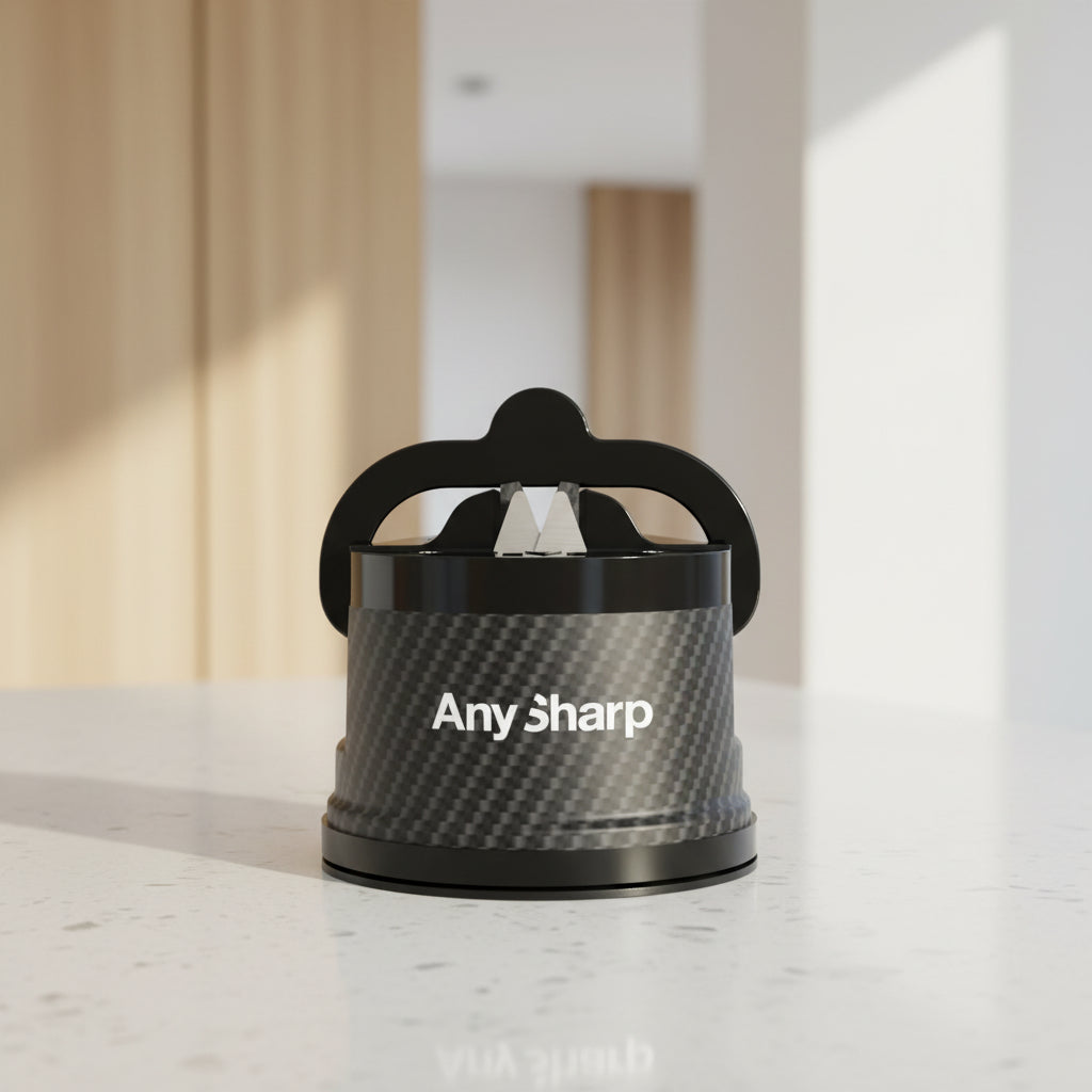 Black and gray sharpener with 'Any Sharp' branding on a white background
