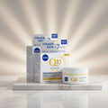 Four Nivea Q10 Anti-Wrinkle Power Extra Firming Day Cream jars arranged in a fan-like layout on a white background, with two additional jars partially visible behind them.