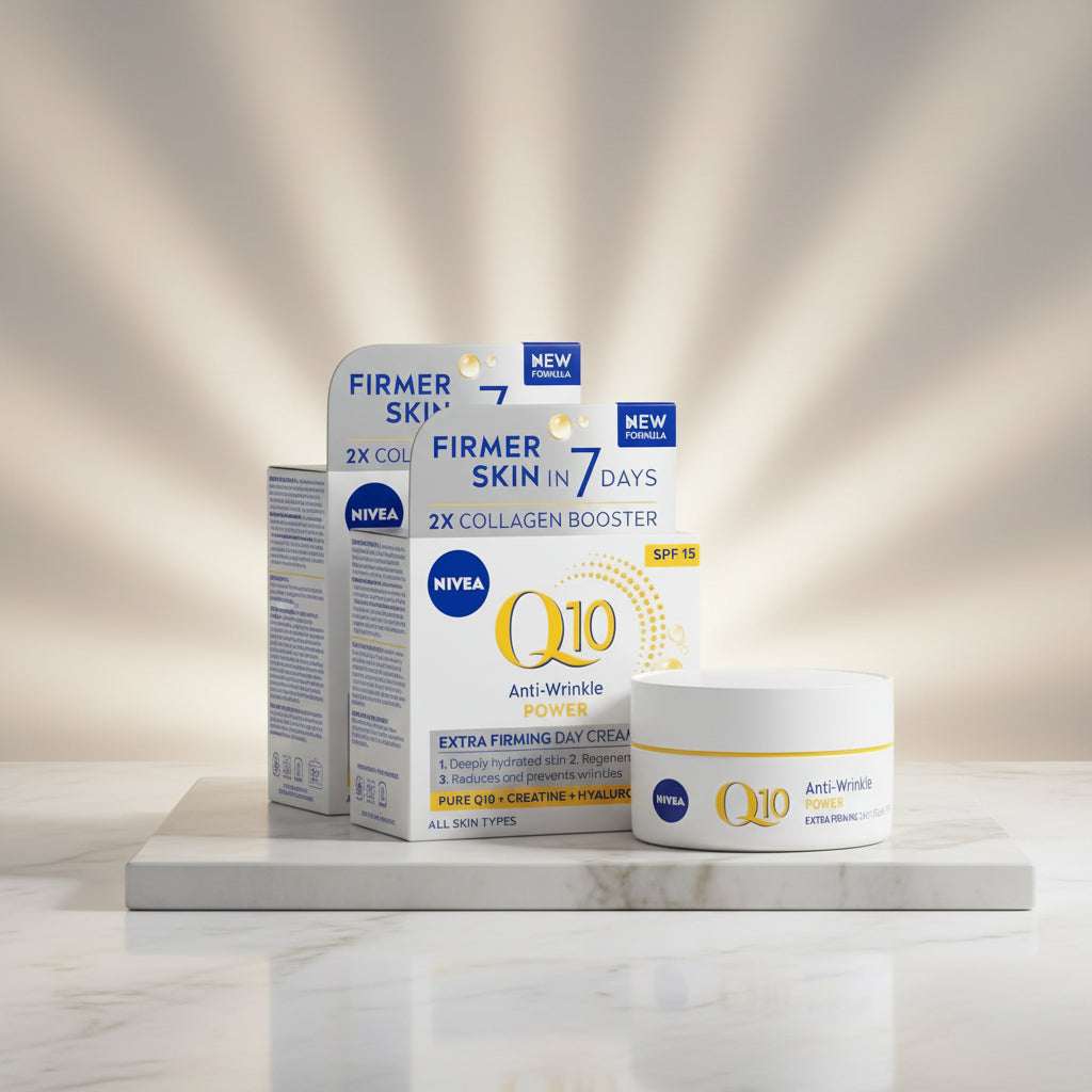 Four Nivea Q10 Anti-Wrinkle Power Extra Firming Day Cream jars arranged in a fan-like layout on a white background, with two additional jars partially visible behind them.
