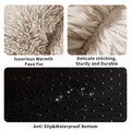 Three-panel product feature graphic for a faux fur rug or mat. Top-left shows close-up of fluffy faux fur texture with the caption 'luxurious Warmth Faux Fur.