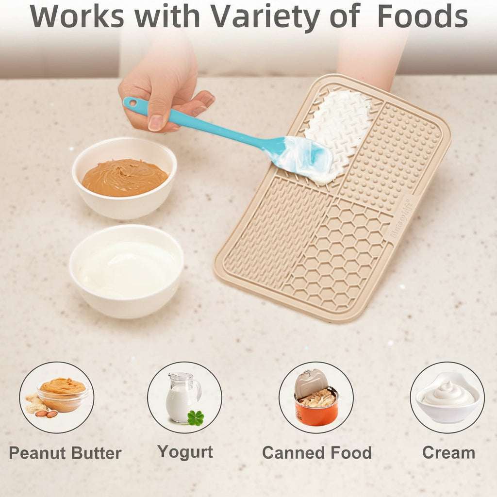 Beige mat with textured surface, blue spatula, and bowls of peanut butter, yogurt, canned food, and cream on a light gray background.