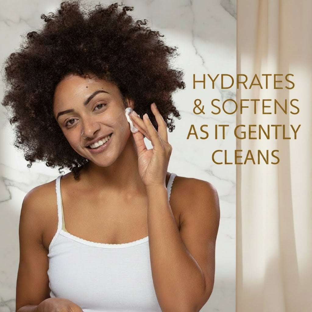 Woman applying cream to her face with text 'HYDRATES & SOFTENS AS IT GENTLY CLEANS' on a white background