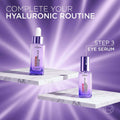 L'Oreal Instant Lift Hyaluronic Acid Serum bottles on a purple background with text indicating a skincare routine.