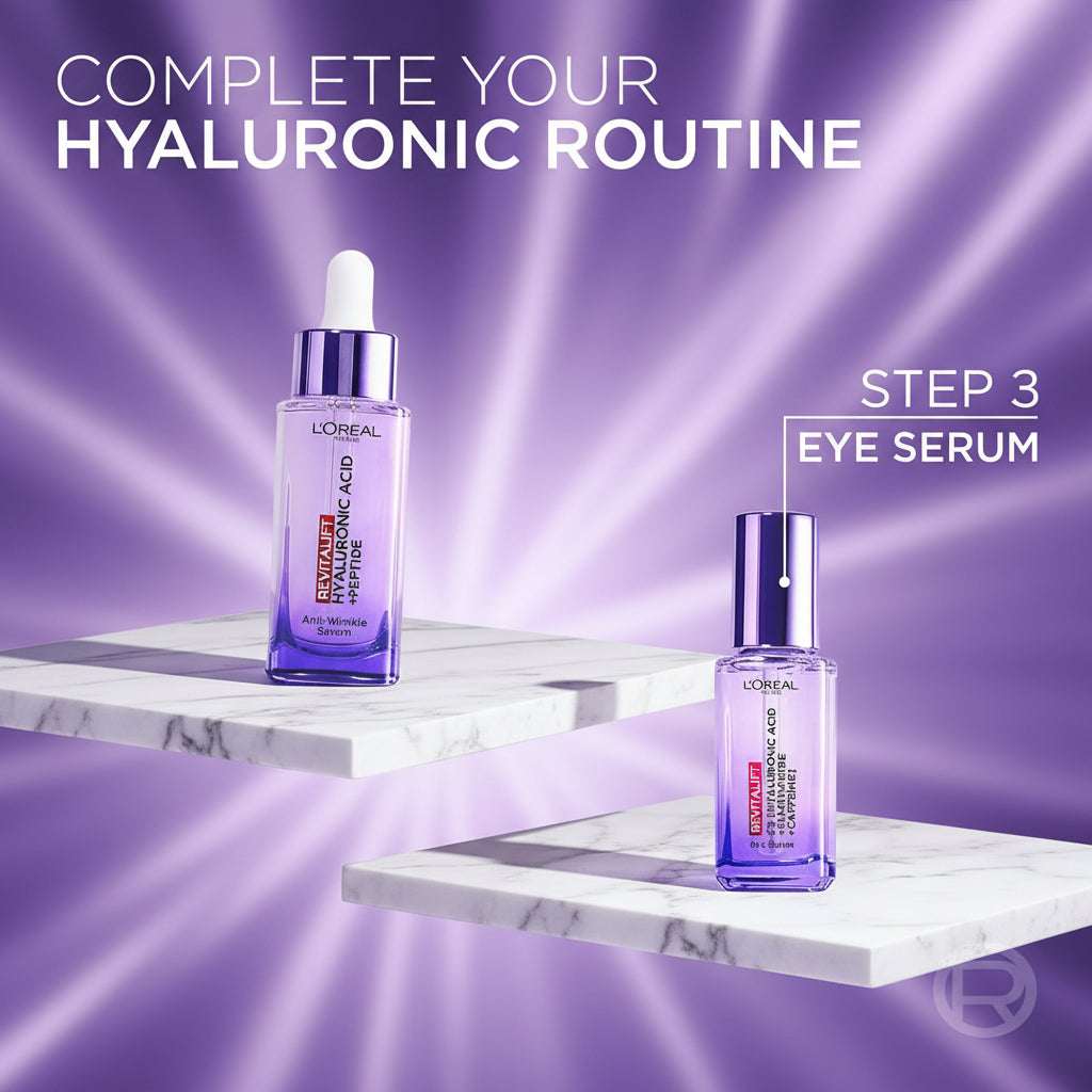 L'Oreal Instant Lift Hyaluronic Acid Serum bottles on a purple background with text indicating a skincare routine.