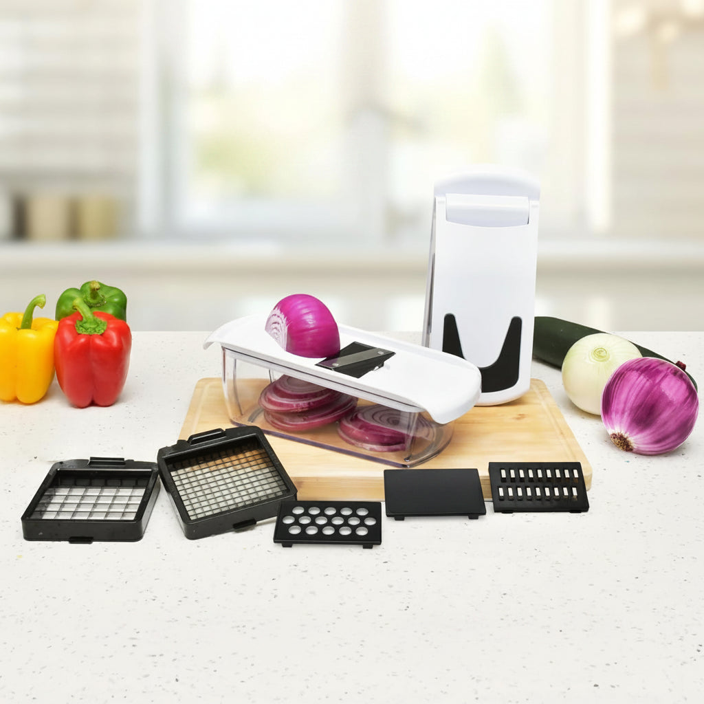 Fullstar pro chopper set displayed on a kitchen counter with vegetables including onions, peppers, and a cucumber, with the product packaging and accessories arranged around it.