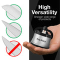 A hand holding a silver and black AnySharp knife sharpener against a black background, with three circular inset diagrams on the left showing different knife sharpening angles and a crossed-out knife symbol indicating compatibility.