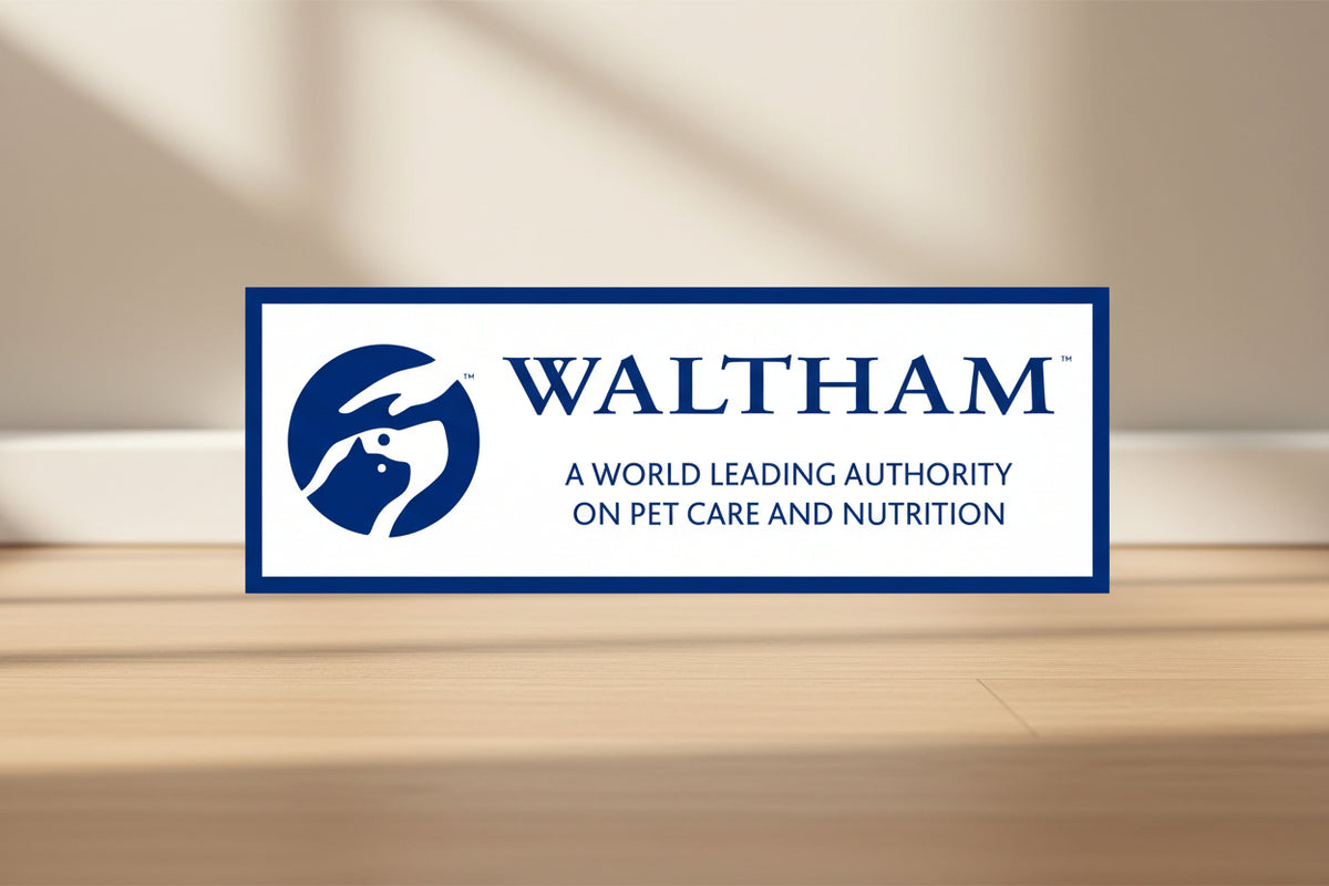 Waltham logo banner with a blue circular dog silhouette icon and the text 'WALTHAM' and 'A WORLD LEADING AUTHORITY ON PET CARE AND NUTRITION' on a white background with a blue border.