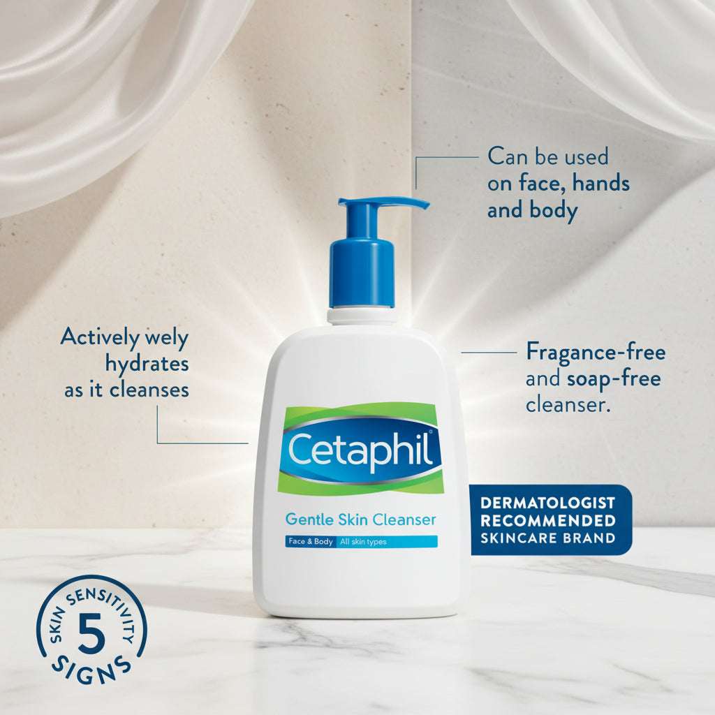 Cetaphil Gentle Skin Cleanser bottle with features highlighted on a blue background