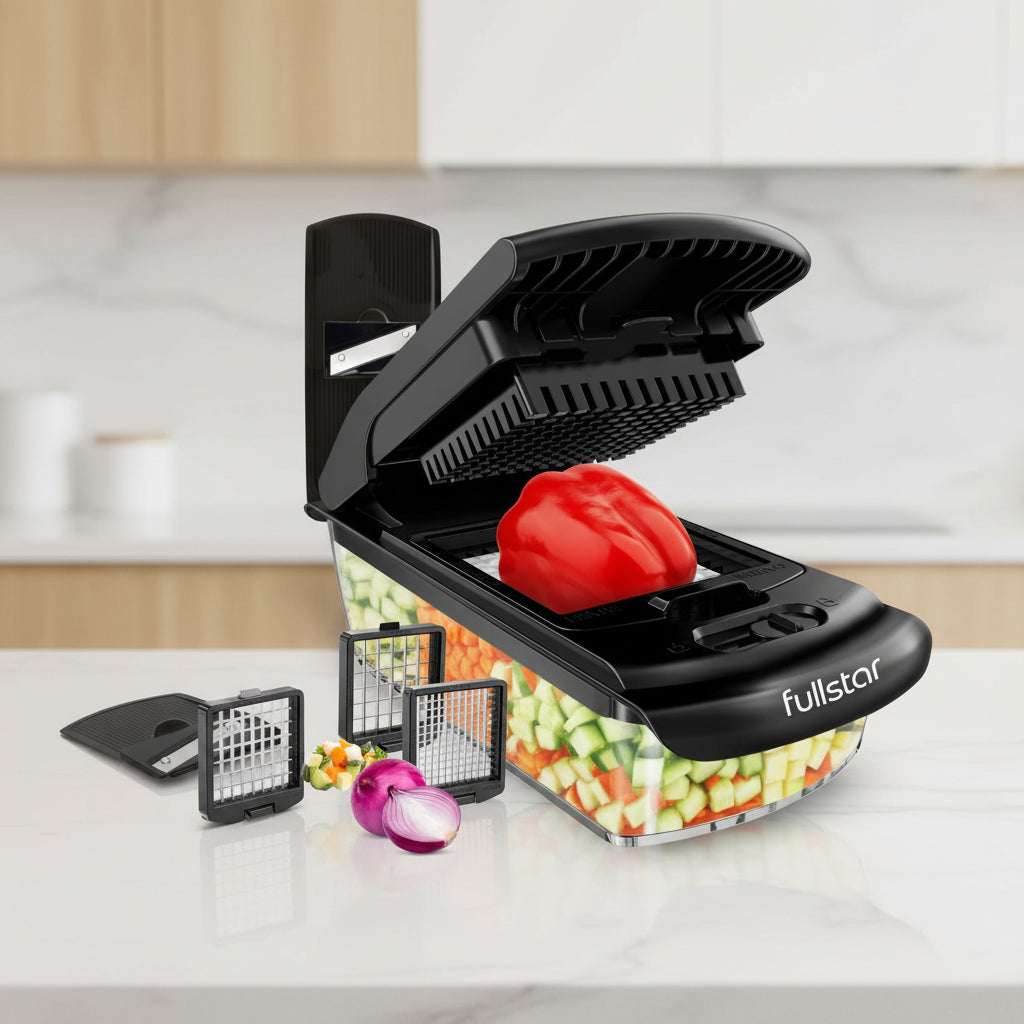 Vegetable chopper with various attachments and sliced vegetables displayed on a white background.