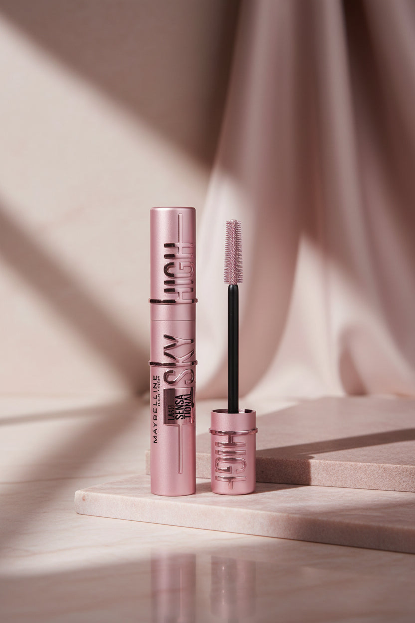 Maybelline Sky High mascara with pink packaging and black brush