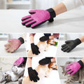 Collage of pet grooming gloves with pets and people using them.