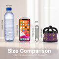 Size comparison chart with water bottle, smartphone, bottle opener, and AnySharp tool on a black background.