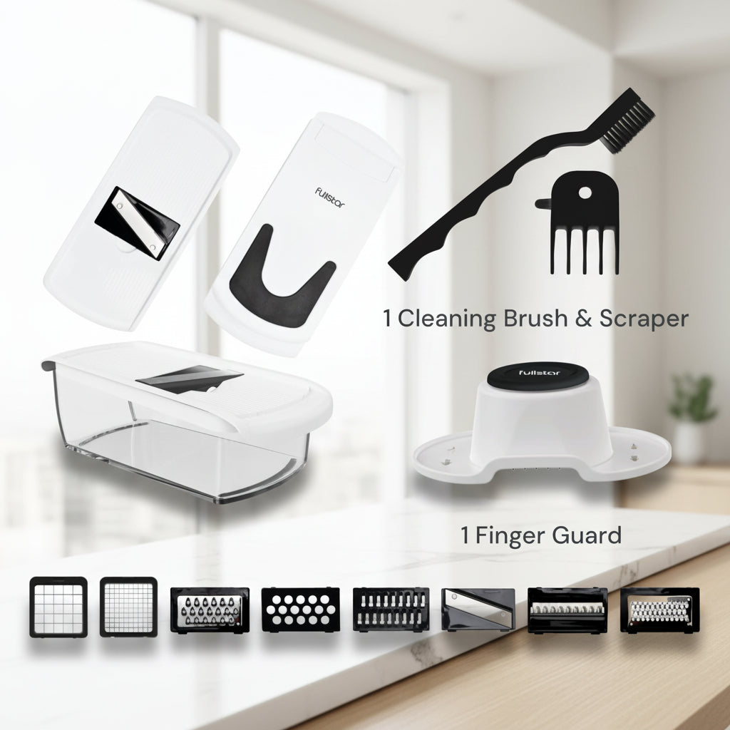 Meal prep tool set with various components on a white background