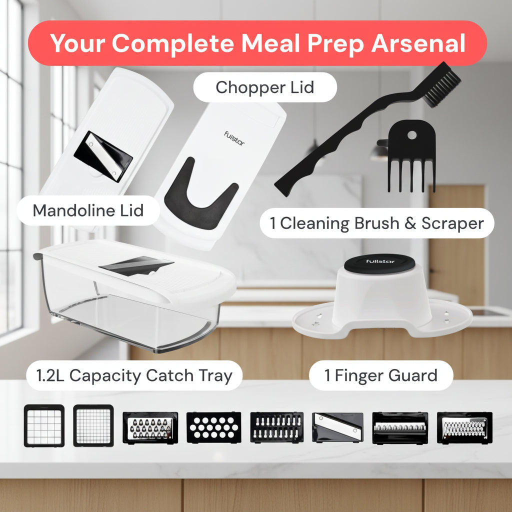 Meal prep tool set with various components on a white background