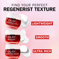 Olay Regenerist skin care products with texture options on a pink background