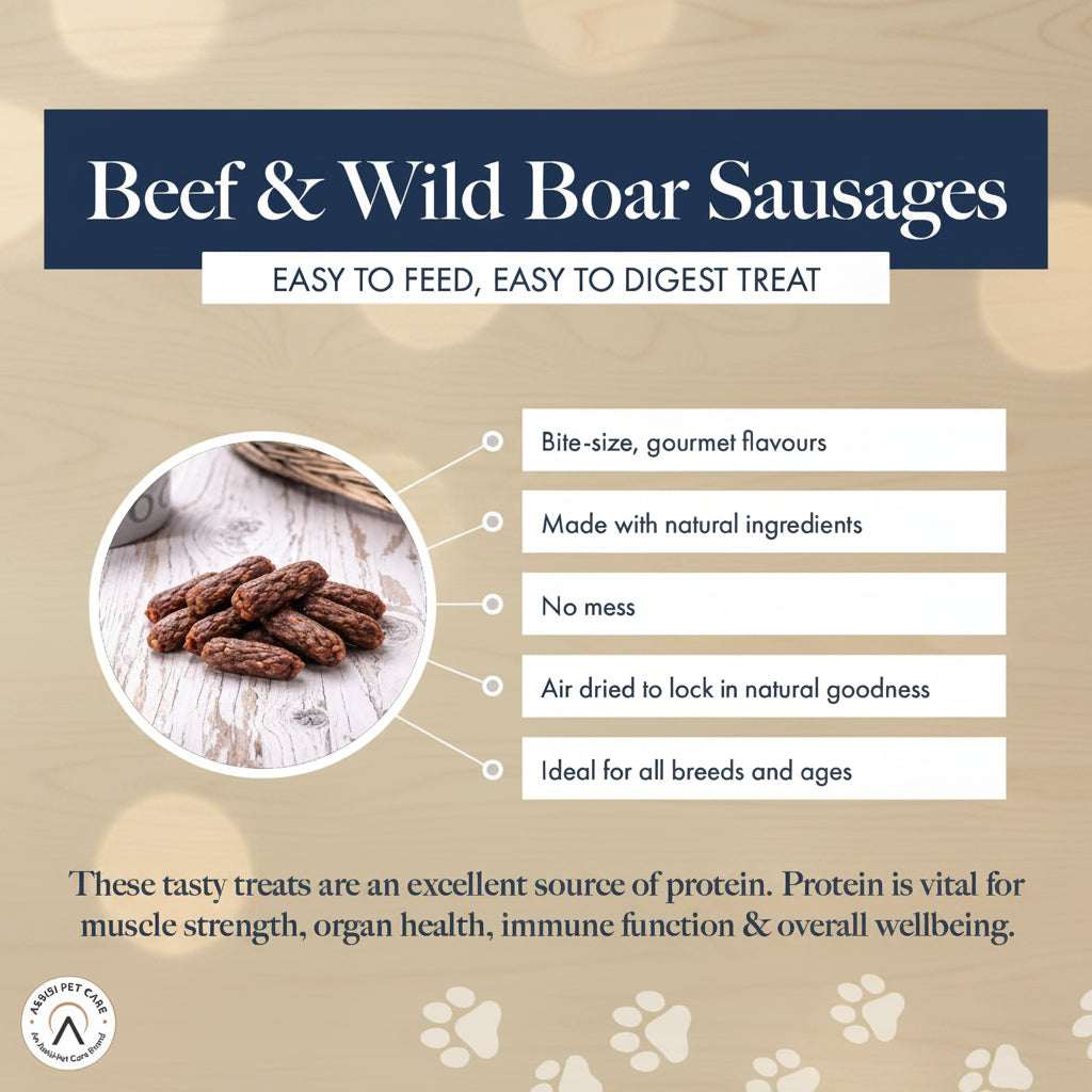 Promotional graphic for Beef & Wild Boar Sausages treats. The design features a beige background with a dark navy blue header and white text.