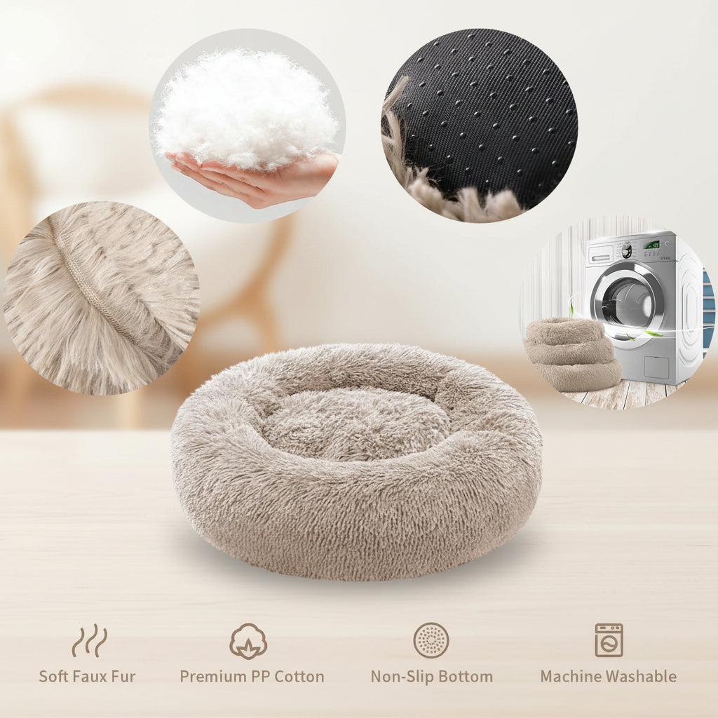 A plush round pet bed in light beige faux fur is centered on a white background, surrounded by circular inset images showing the fluffy white filling, textured black underside, soft fur close-up, and a machine-washable scene. Text at the bottom lists features: soft faux fur, premium PP cotton, non-slip bottom, and machine washable.