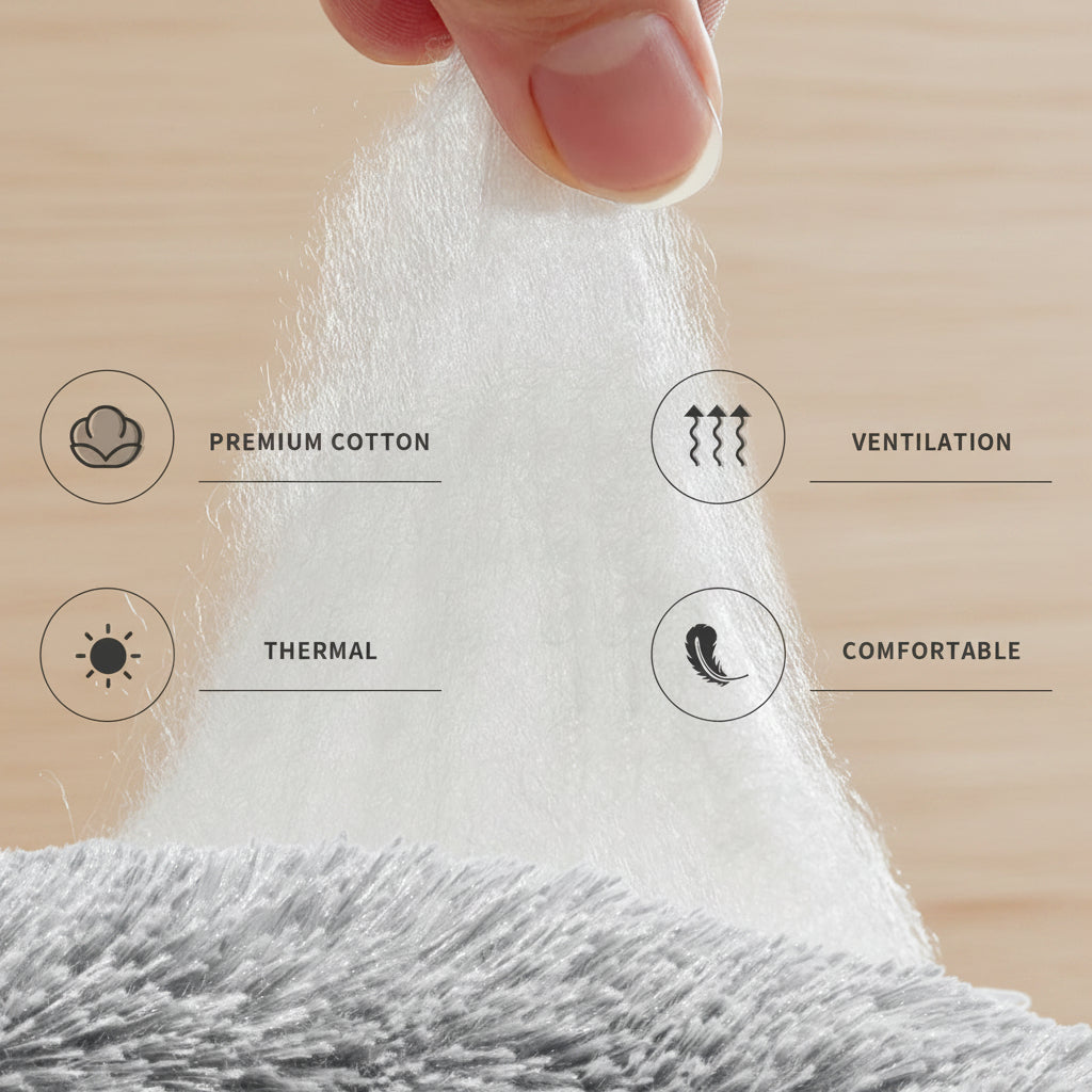 Close-up of a white towel with text labels on a neutral background
