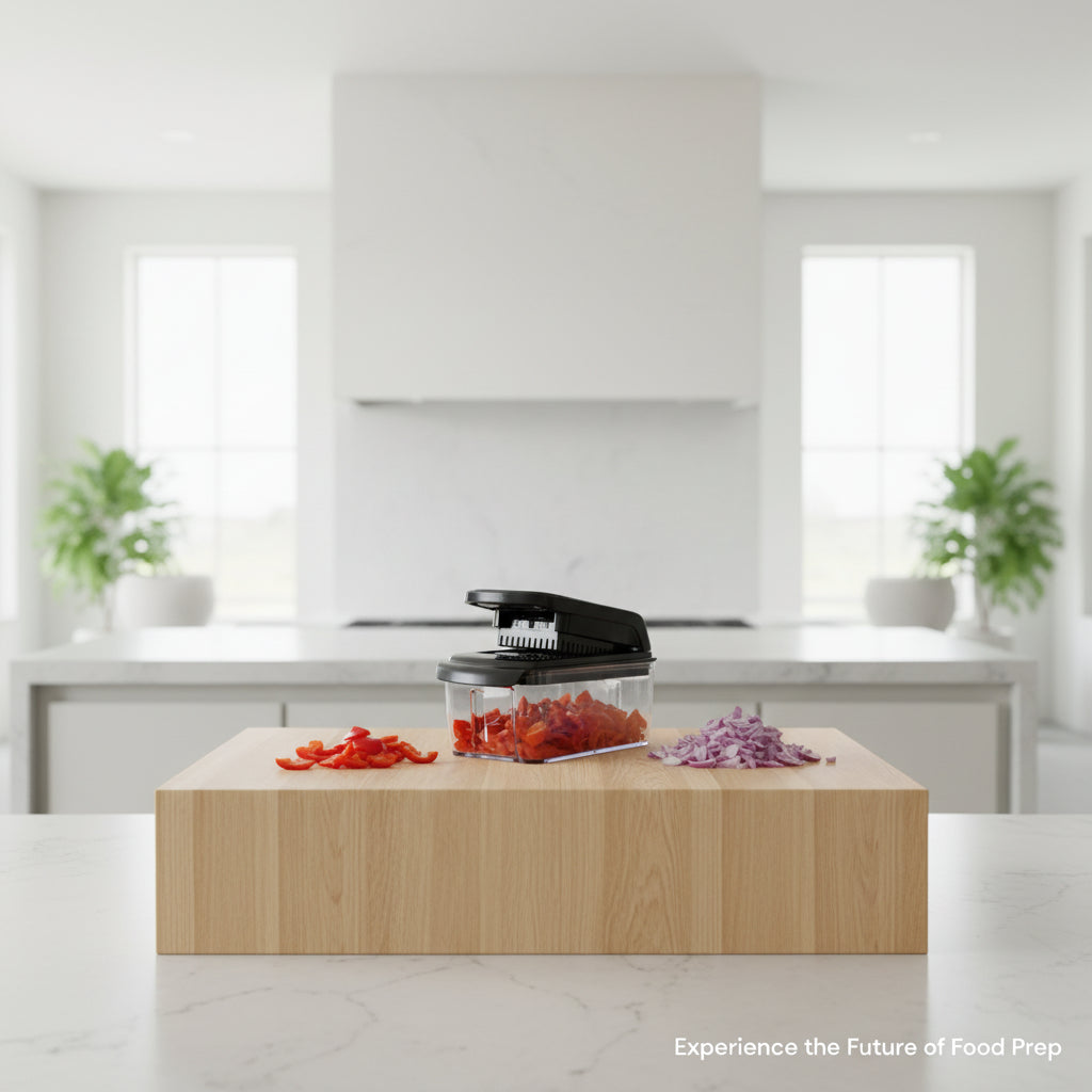 Comparison of time taken to chop vegetables with and without a kitchen tool, labeled 'Built for Speed'.
