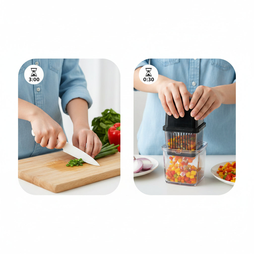 Comparison of time taken to chop vegetables with and without a kitchen tool, labeled 'Built for Speed'.