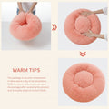 Three-panel product demonstration showing a fluffy peach-pink circular cushion or pet bed, with a person partially visible in one panel and text reading 'WARM TIPS' explaining that the package is vacuum compressed and should be shaken to restore fluffiness.