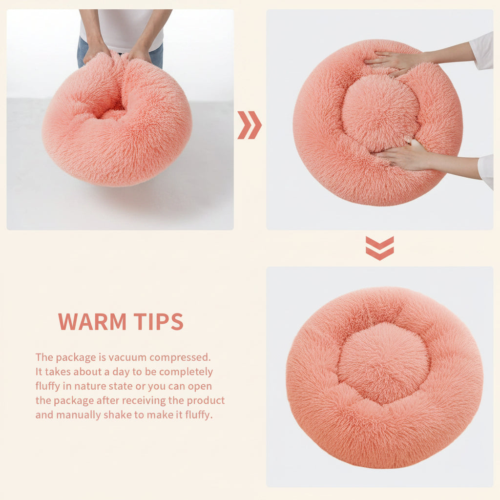 Three-panel product demonstration showing a fluffy peach-pink circular cushion or pet bed, with a person partially visible in one panel and text reading 'WARM TIPS' explaining that the package is vacuum compressed and should be shaken to restore fluffiness.