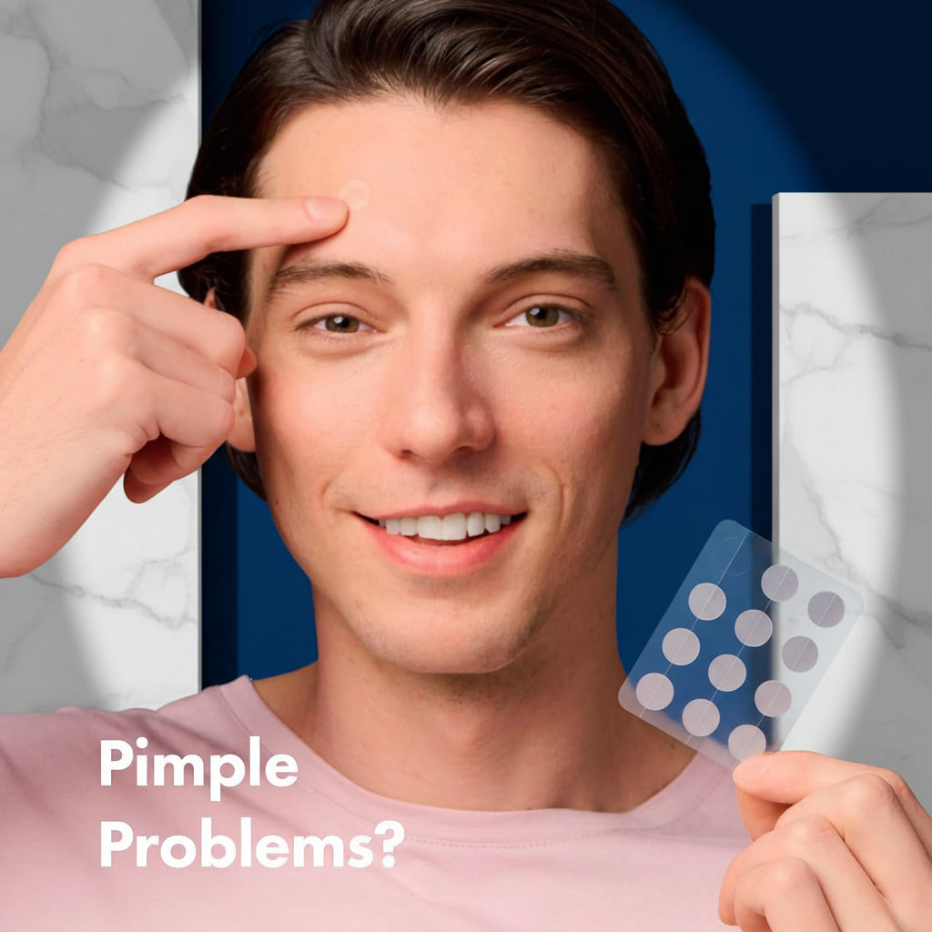 Man holding a clear face mask with text 'Pimple Problems?' against a blue background