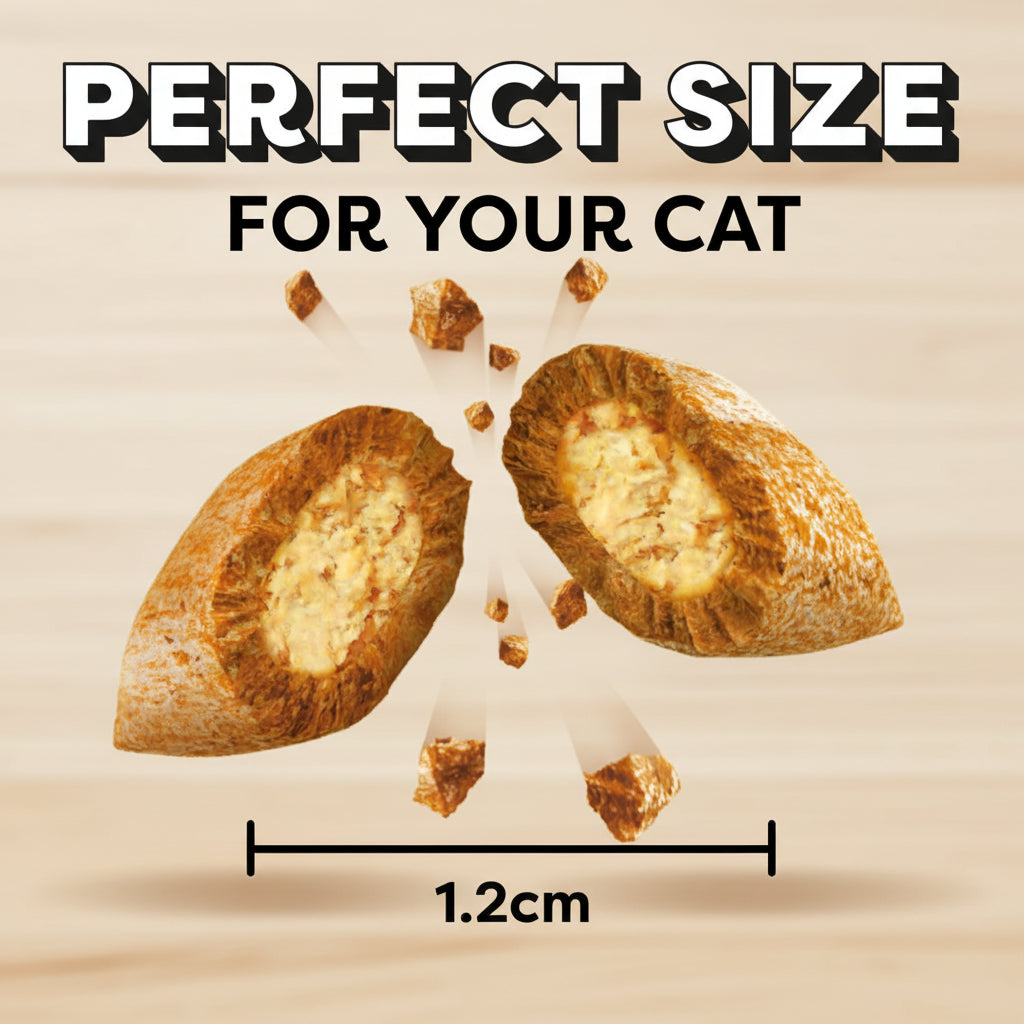 Two catnip balls with a measurement label on a yellow background, emphasizing 'Perfect Size For Your Cat'.