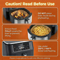 Instructions for using an air fryer with safety warnings on an orange background
