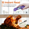 A hand holds a purple digital instant-read thermometer over a roasted turkey on a wooden cutting board, with marketing text reading '3S Instant Read' and feature callouts about lock function and backlight display.