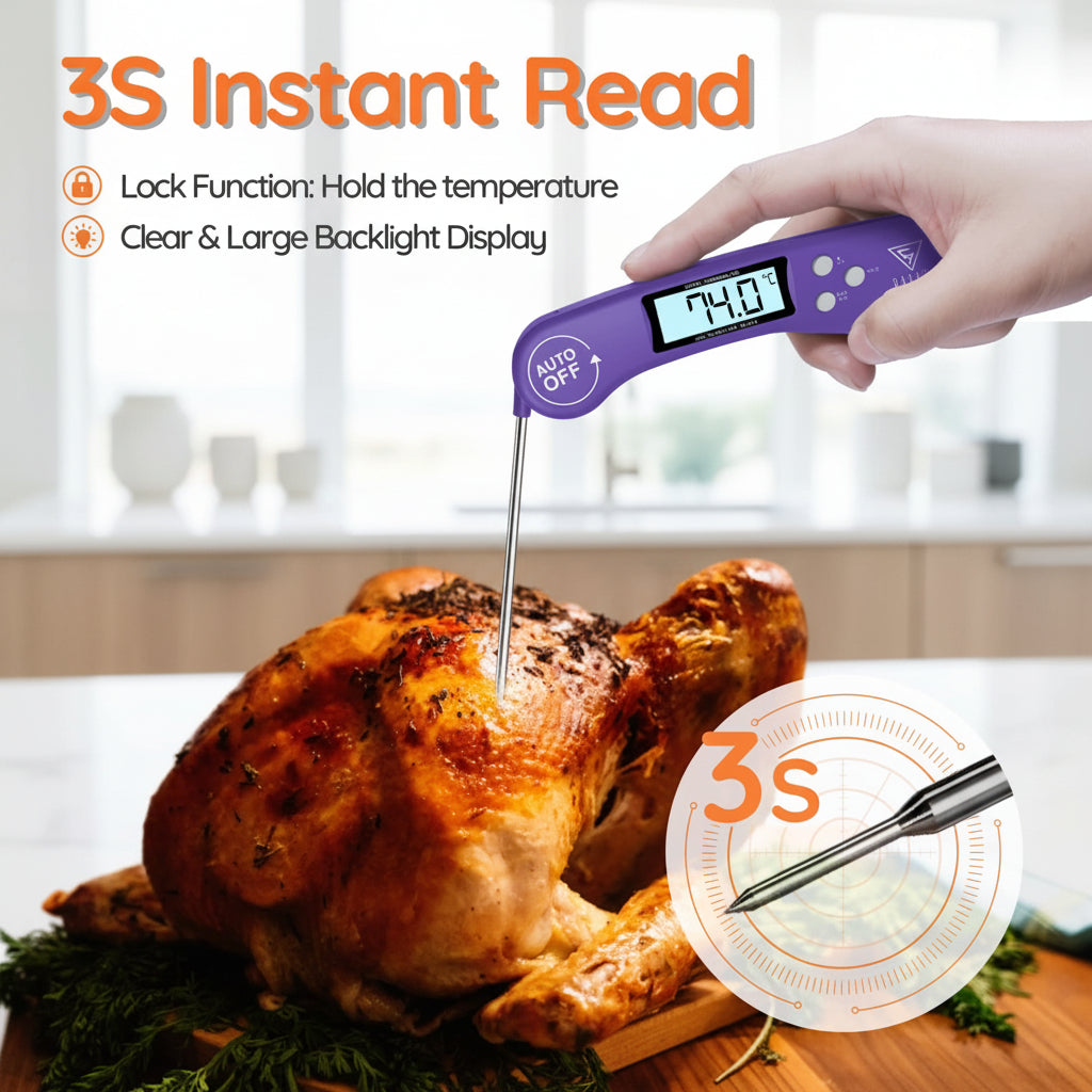 A hand holds a purple digital instant-read thermometer over a roasted turkey on a wooden cutting board, with marketing text reading '3S Instant Read' and feature callouts about lock function and backlight display.