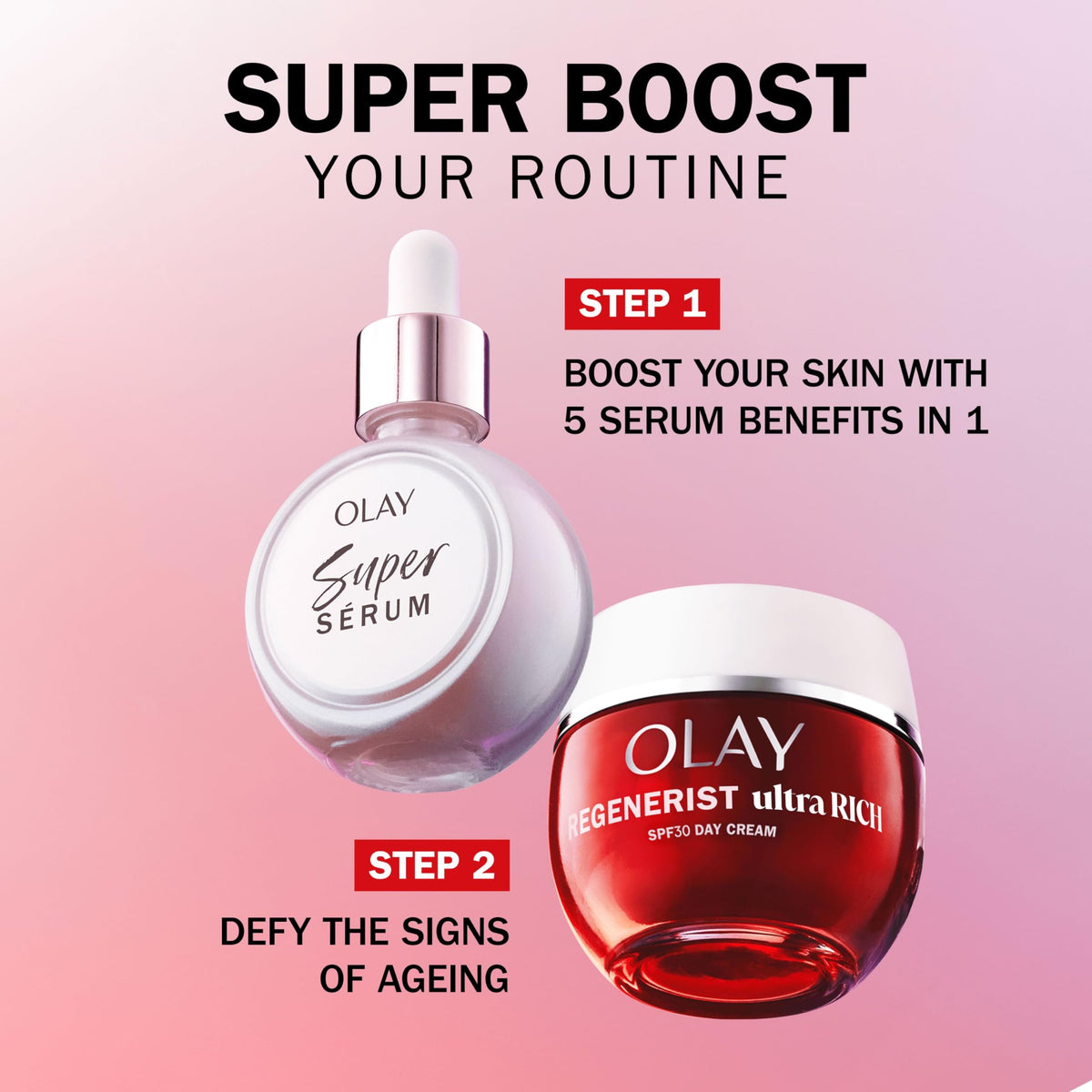 Olay Super Serum and Regenerist ultra Rich cream with text on a pink background