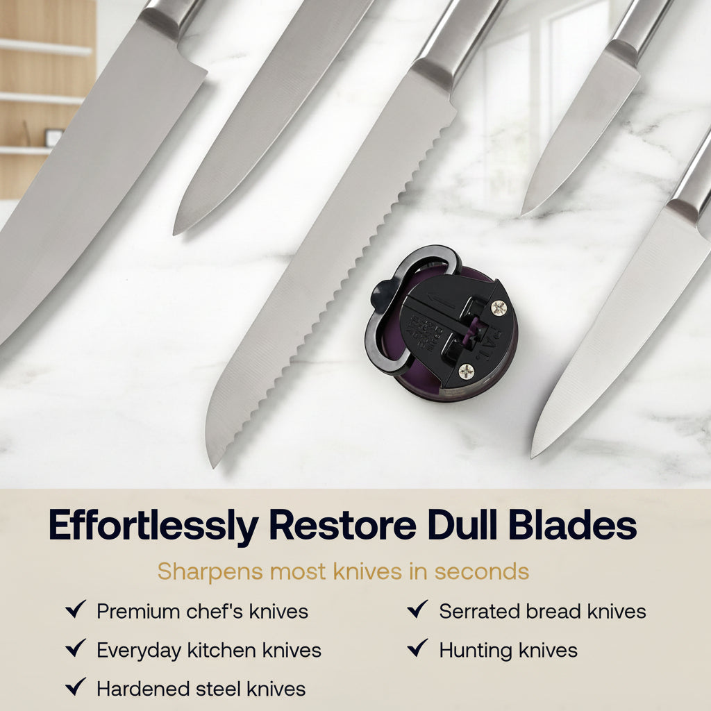 A set of kitchen knives with silver blades and handles arranged diagonally on a white marble surface, with a black circular knife sharpener placed in the center. Text below reads 'Effortlessly Restore Dull Blades' and lists knife types the sharpener can fix.