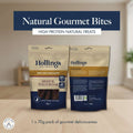 Hollings Dog Treats packaging with 'Natural Gourmet Bites' text on a beige background